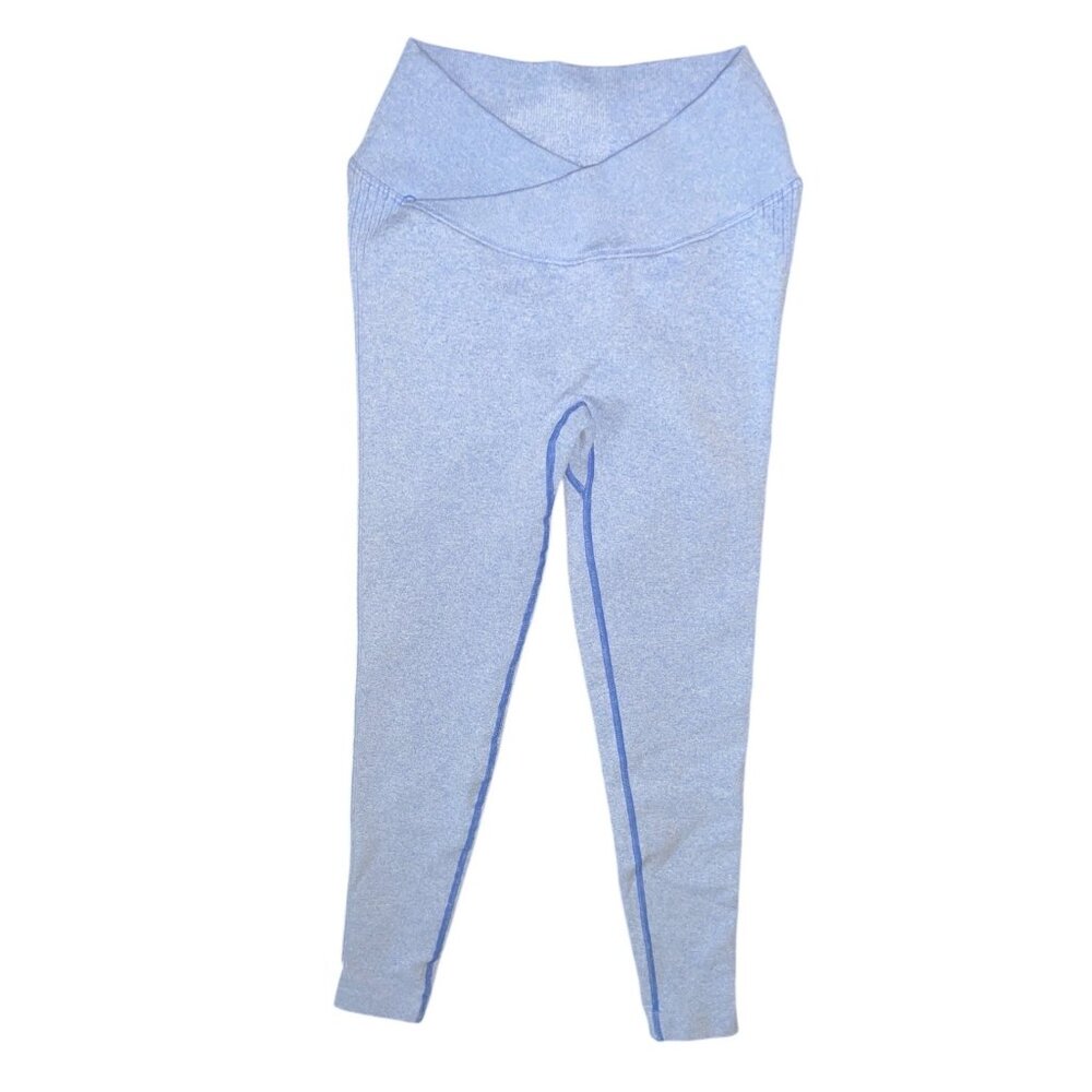 NUX Crossover Waist Seamless Butt Scrunch Leggings Sz Small Blue